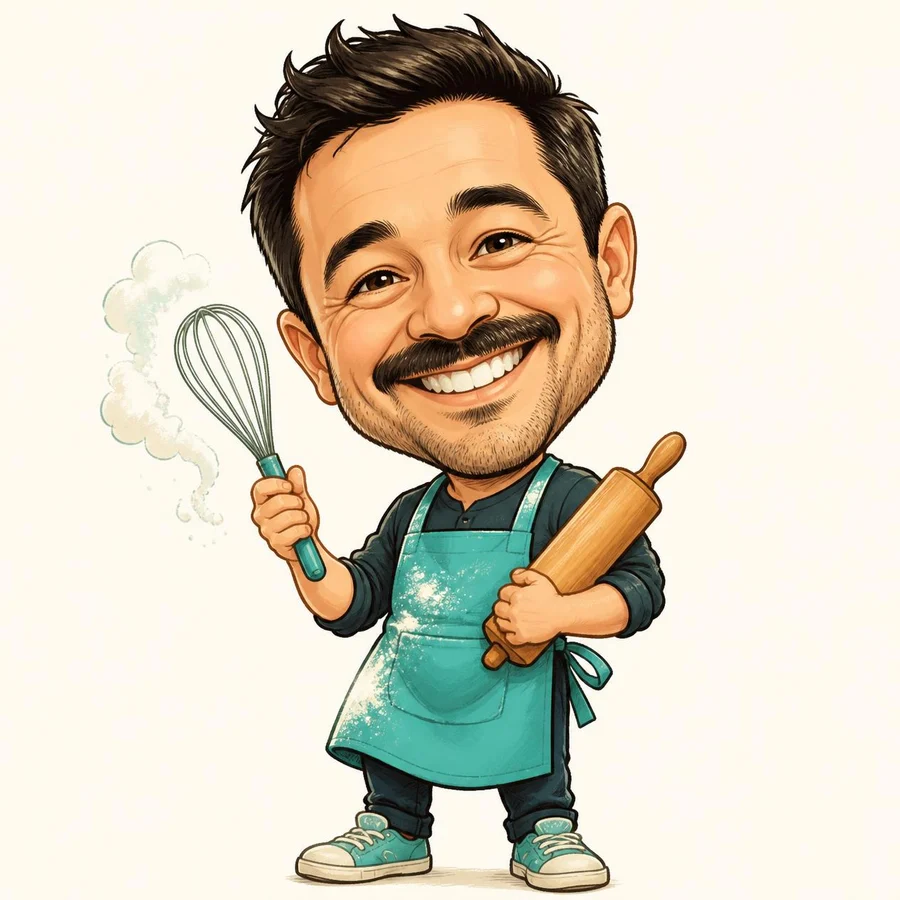 Caricature of the hobby baker with a whisk and rolling pin